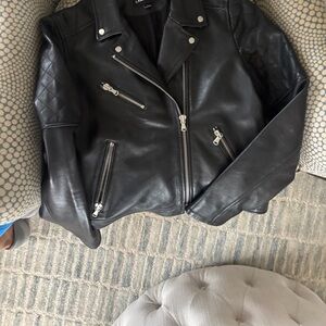LAMARQUE Black Leather Moto Jacket with Notched Lapel